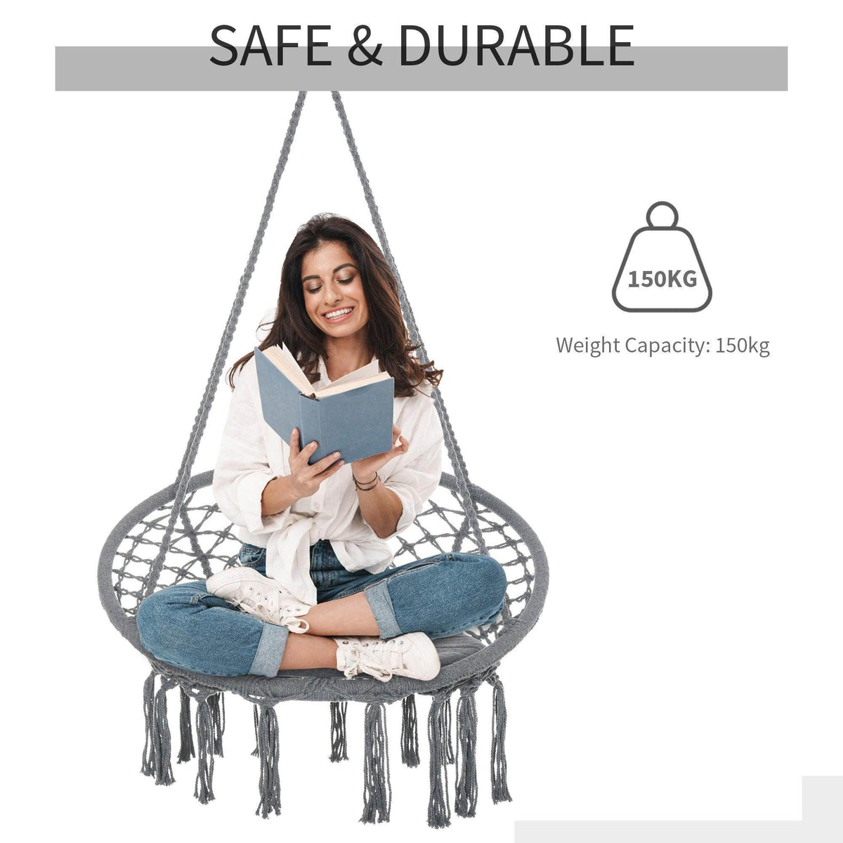Grey macrame swing chair with circular net seat, fringe edges, and hanging ropes