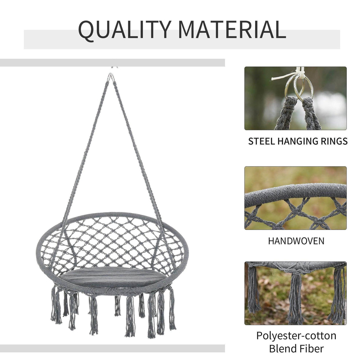 Grey macrame swing chair with woven net seat and dangling fringe on all sides