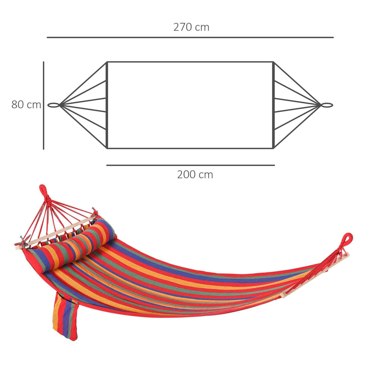 Striped hammock swing chair with red hanging ropes and rolled cushion