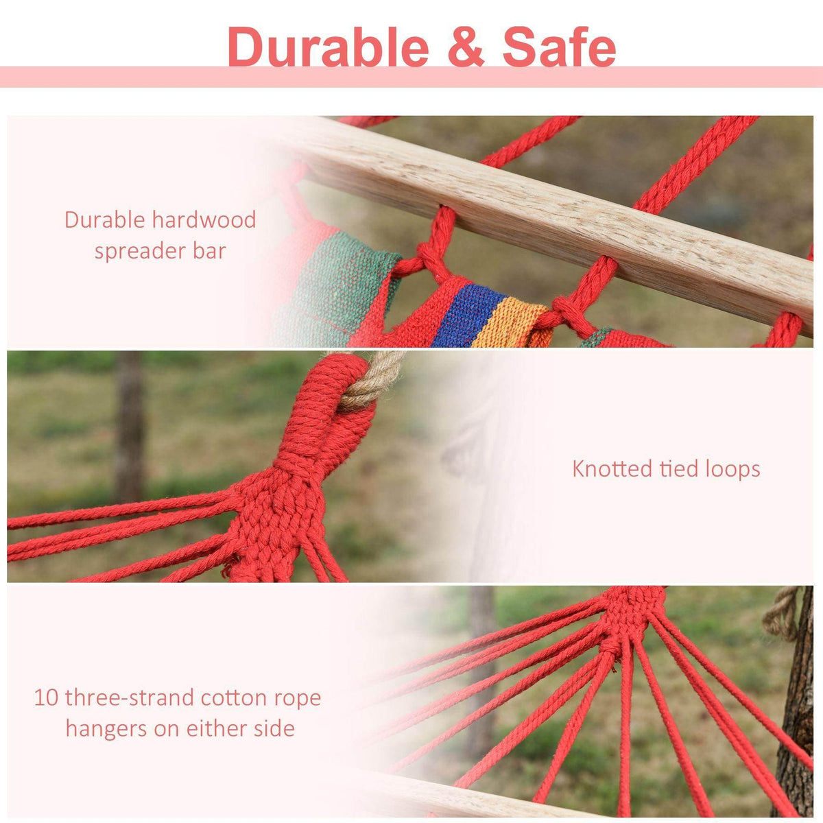 Red cotton rope loops tied to a light wood spreader bar on hammock swing