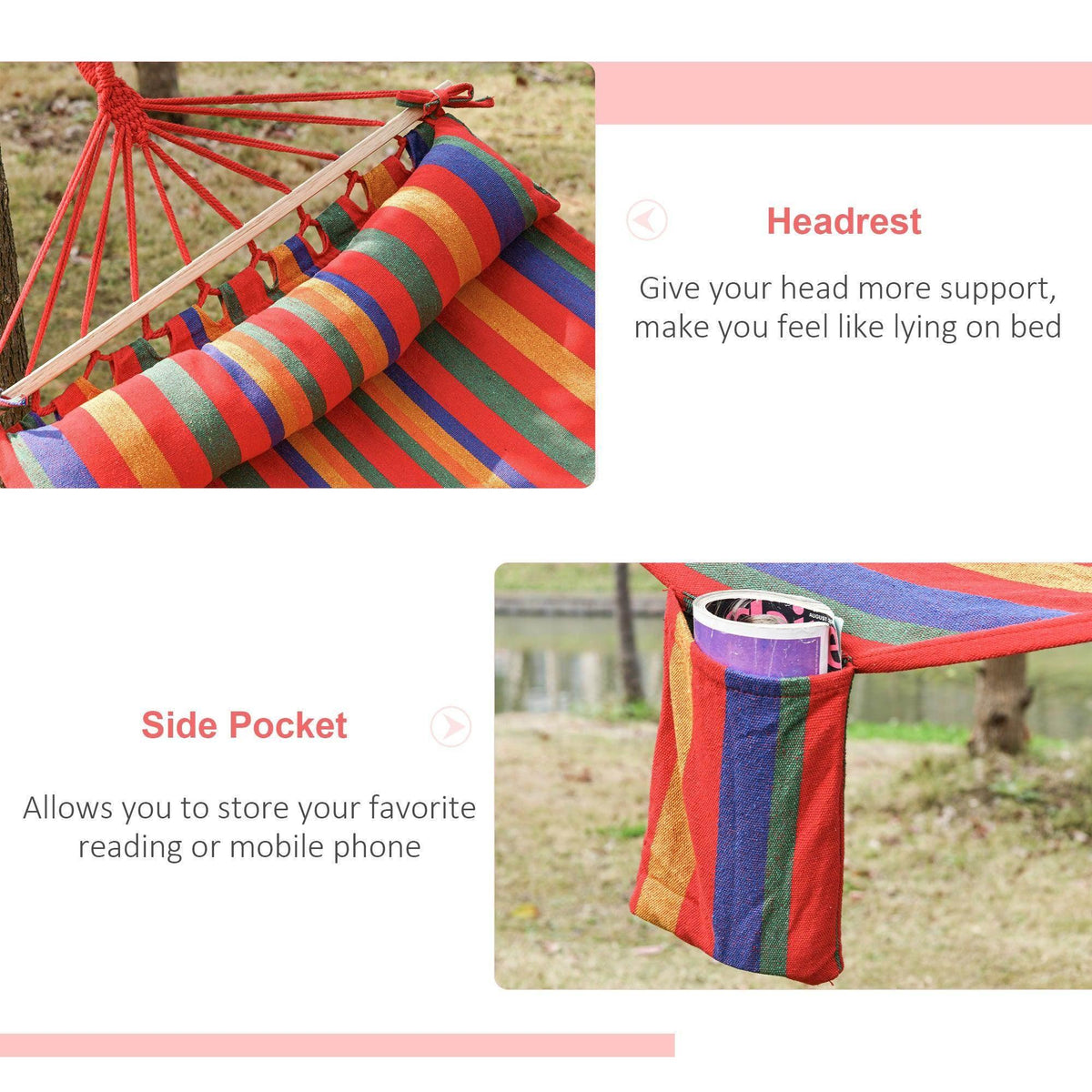 Multicolor hammock swing chair with cushioned headrest and side pocket