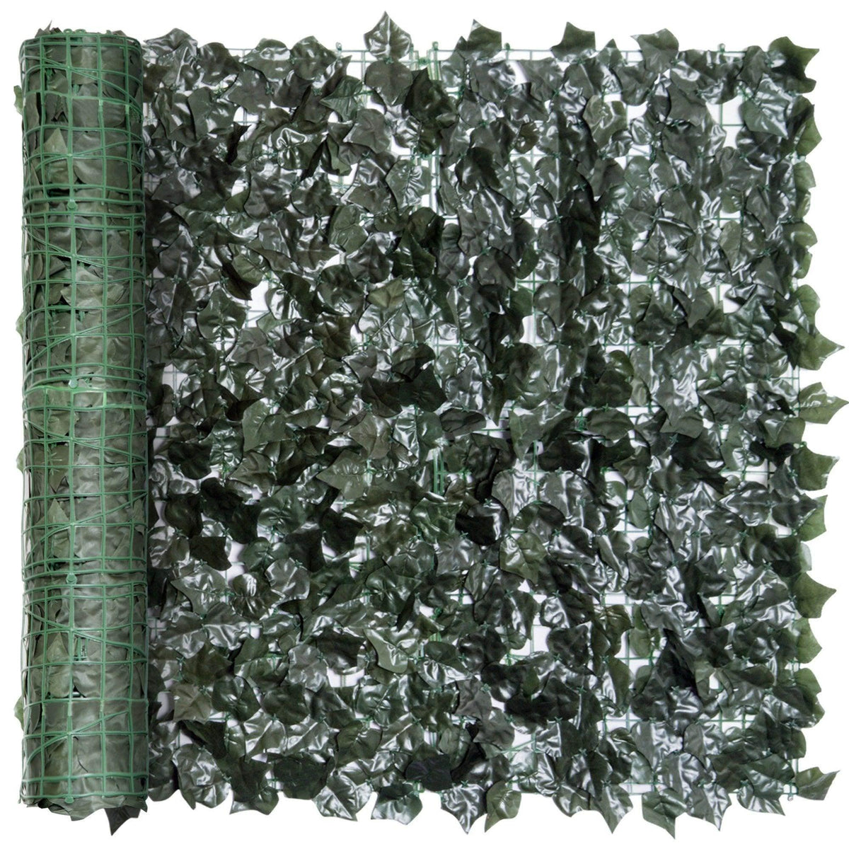 Dark green leaf privacy panel with crimped foliage texture on mesh frame, rolled
