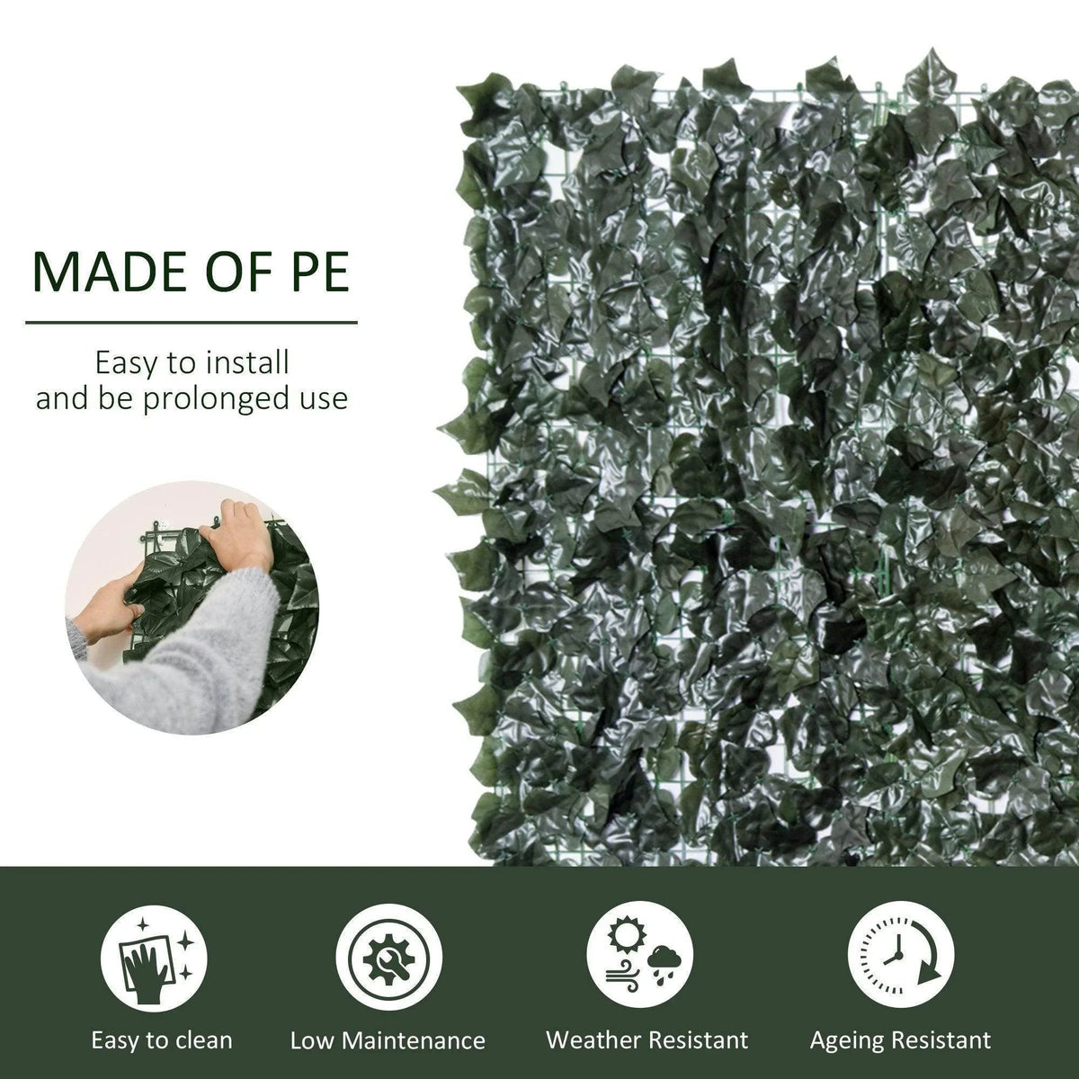 Dense dark green leaf hedge panel on mesh backing with crinkled leaf clusters