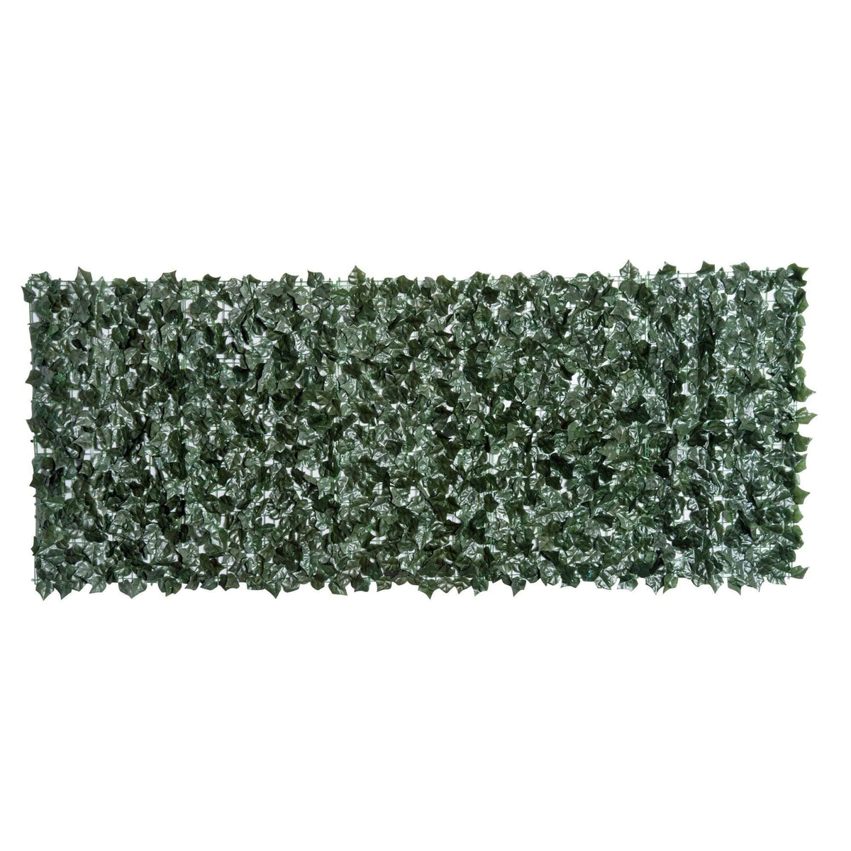 Dark green leaf privacy screen panel on mesh backing, rectangular hedge texture