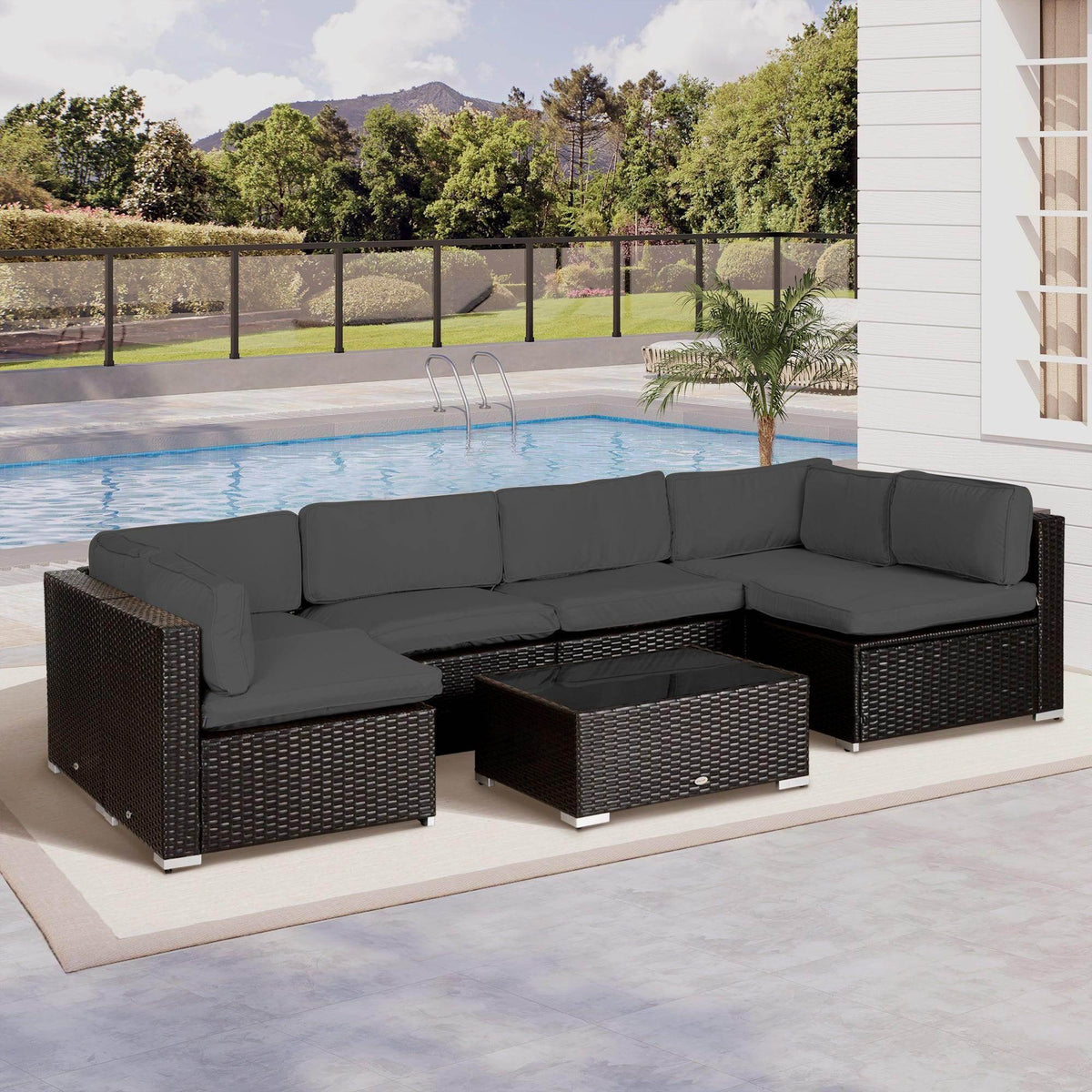 Dark green outdoor sofa cushion covers on sectional seat cushions, smooth fabric