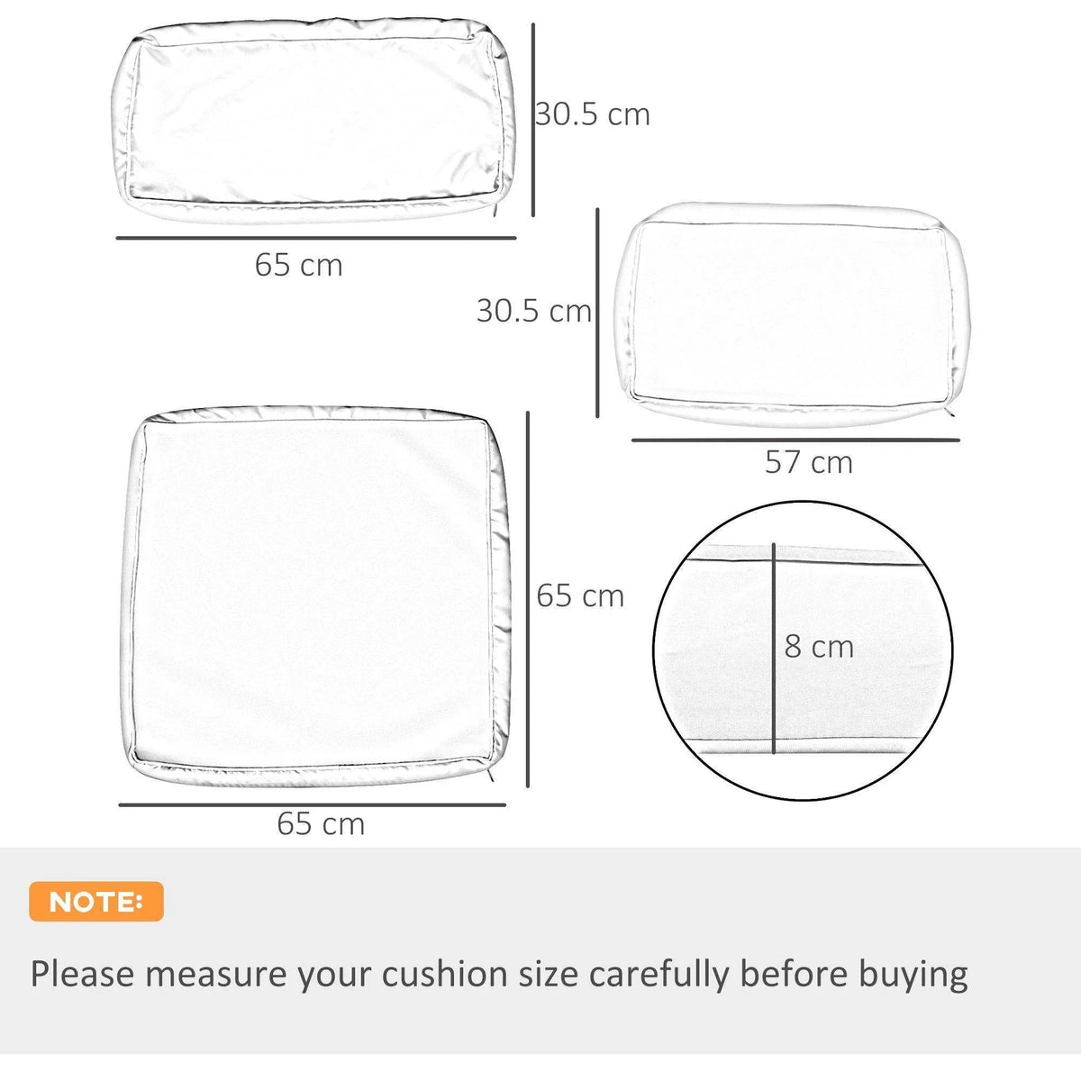 Outdoor sofa cushion cover sizes: 65 x 65 cm seat and 57 x 30.5 cm back