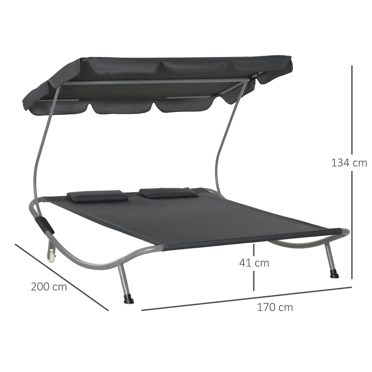 Grey double hammock daybed lounger with adjustable canopy and curved metal base