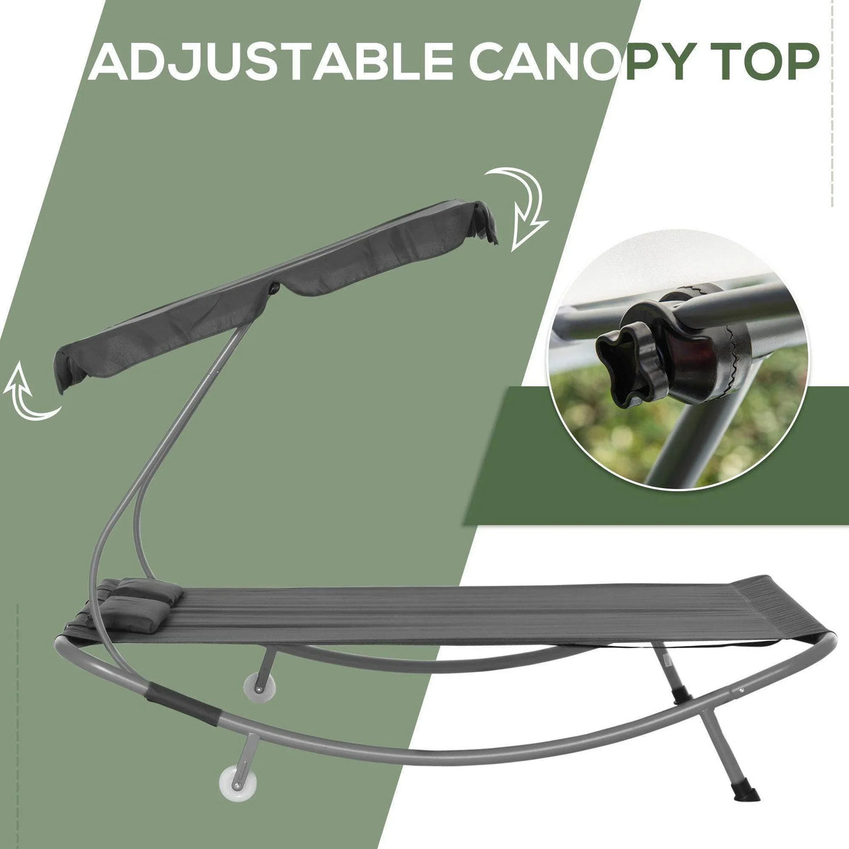 Grey double hammock daybed lounger with adjustable canopy top and side supports