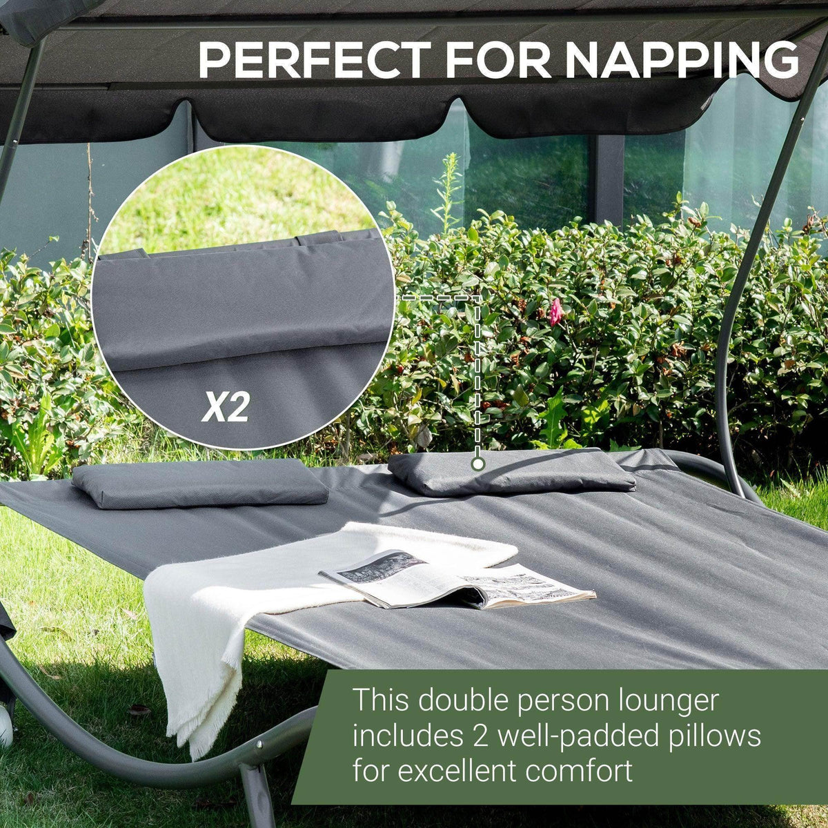 Grey double hammock daybed lounger with canopy and two padded back cushions