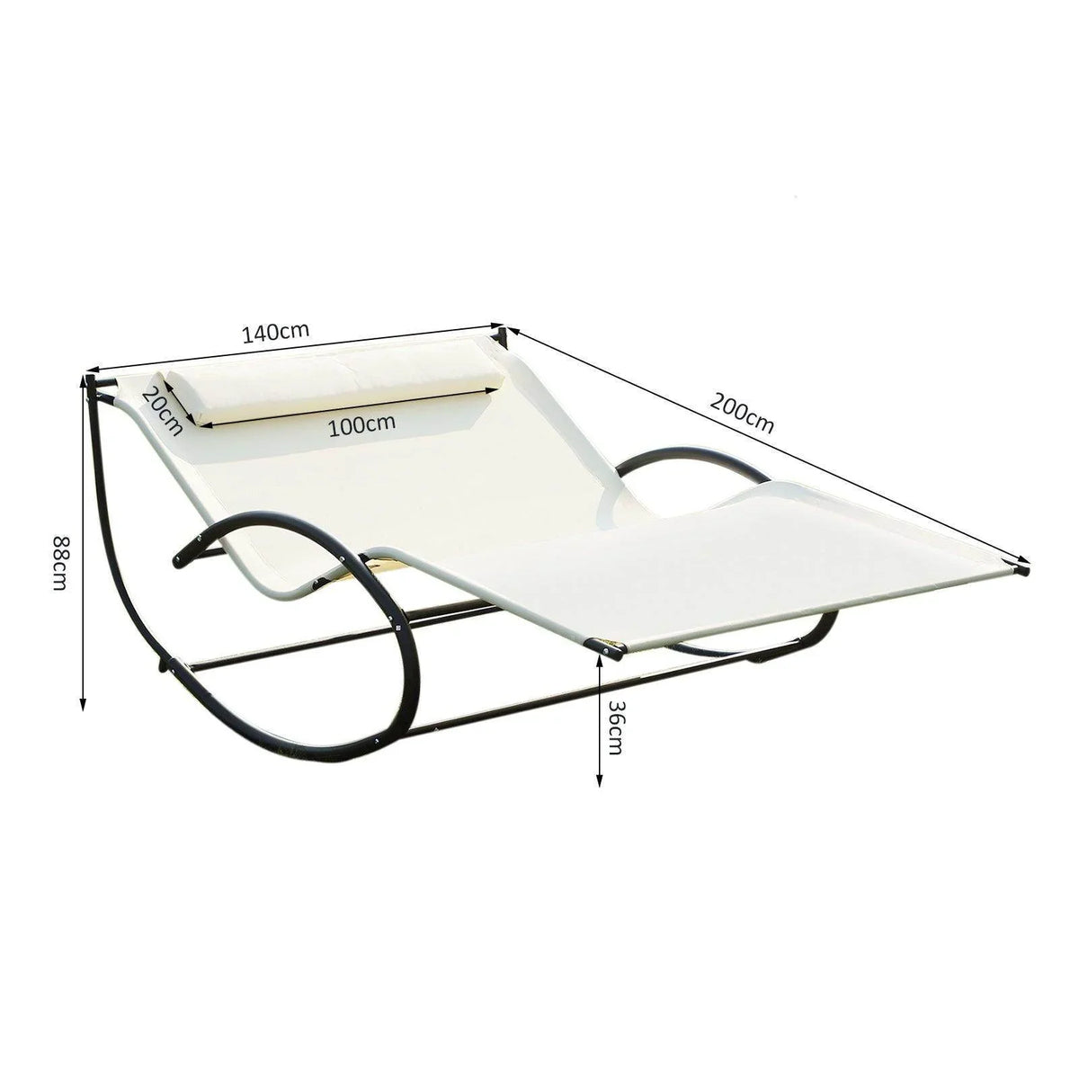 Beige rocking double sun lounger with pillow, black tubular frame and 2-piece head support