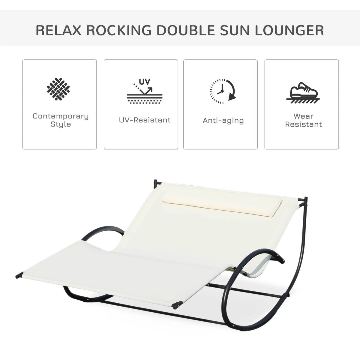 Beige fabric double sun lounger with pillow cushion and black rocker base