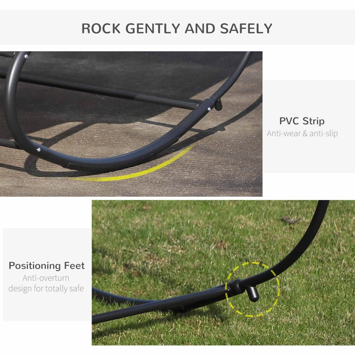 Black rocker base with anti-wear PVC strip and non-slip foot tips for double lounger