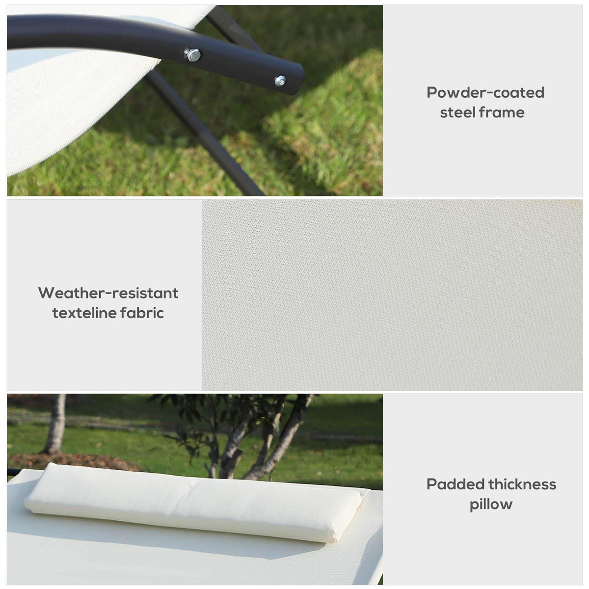 Weather-resistant beige textile with padded pillow on powder-coated steel frame
