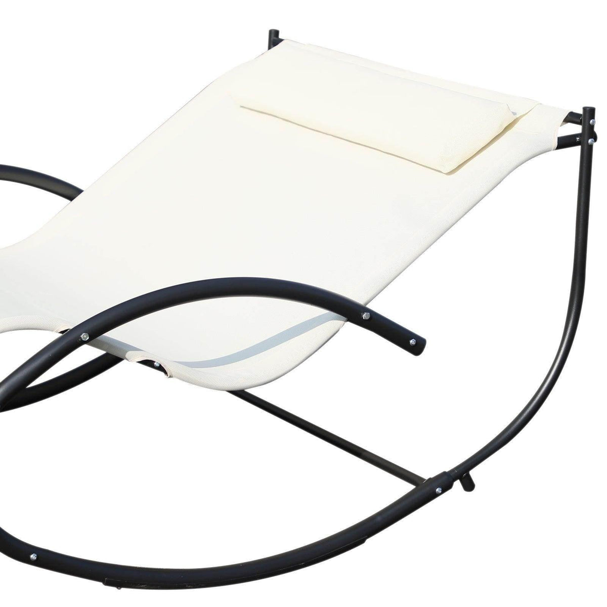 Close-up of beige fabric double sun lounger with pillow and black curved rocker frame