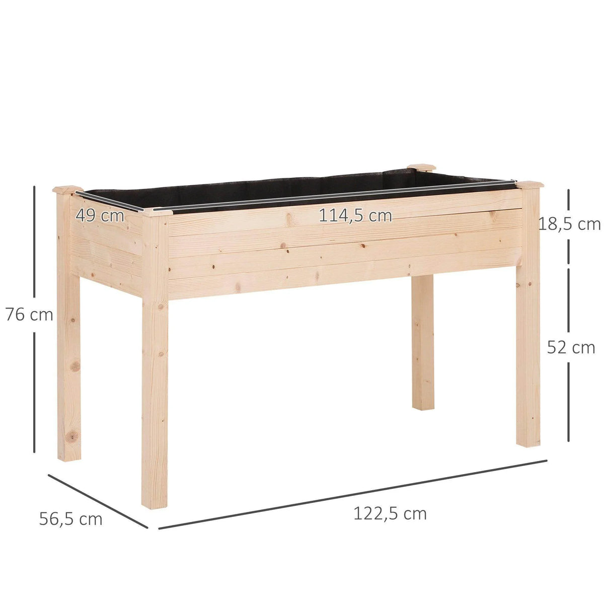 Light wood elevated planter with raised frame and black liner, shown with size diagram