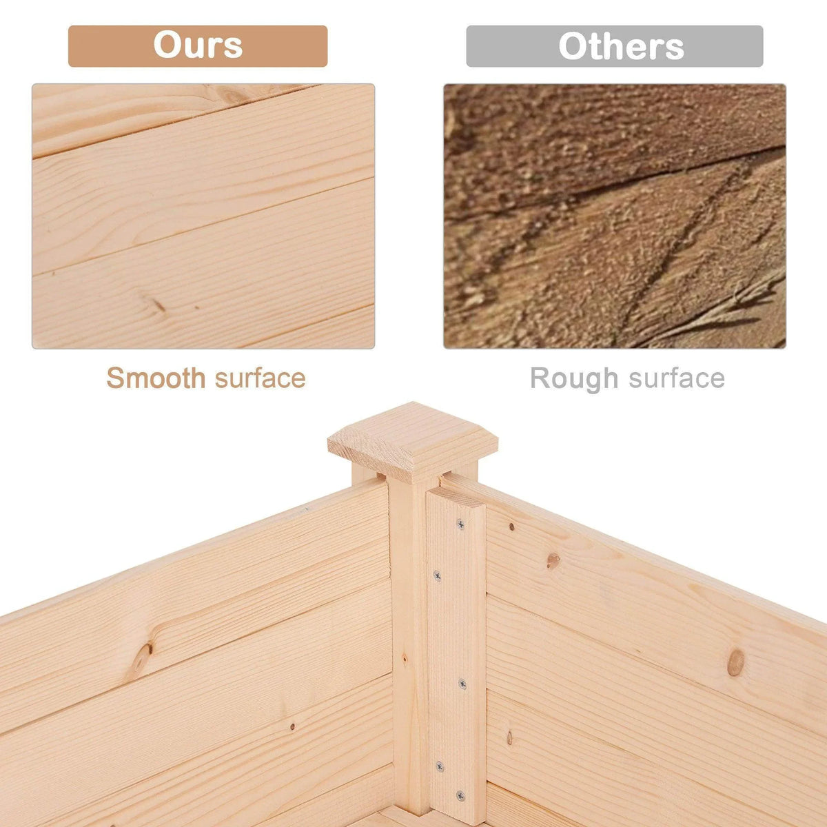 Light pine elevated planter corner and inner boards with smooth finish detail