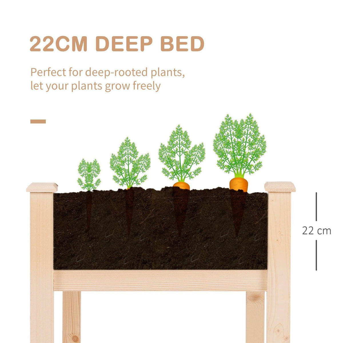 Light wood elevated planter with dark soil bed and small potted seedlings on top
