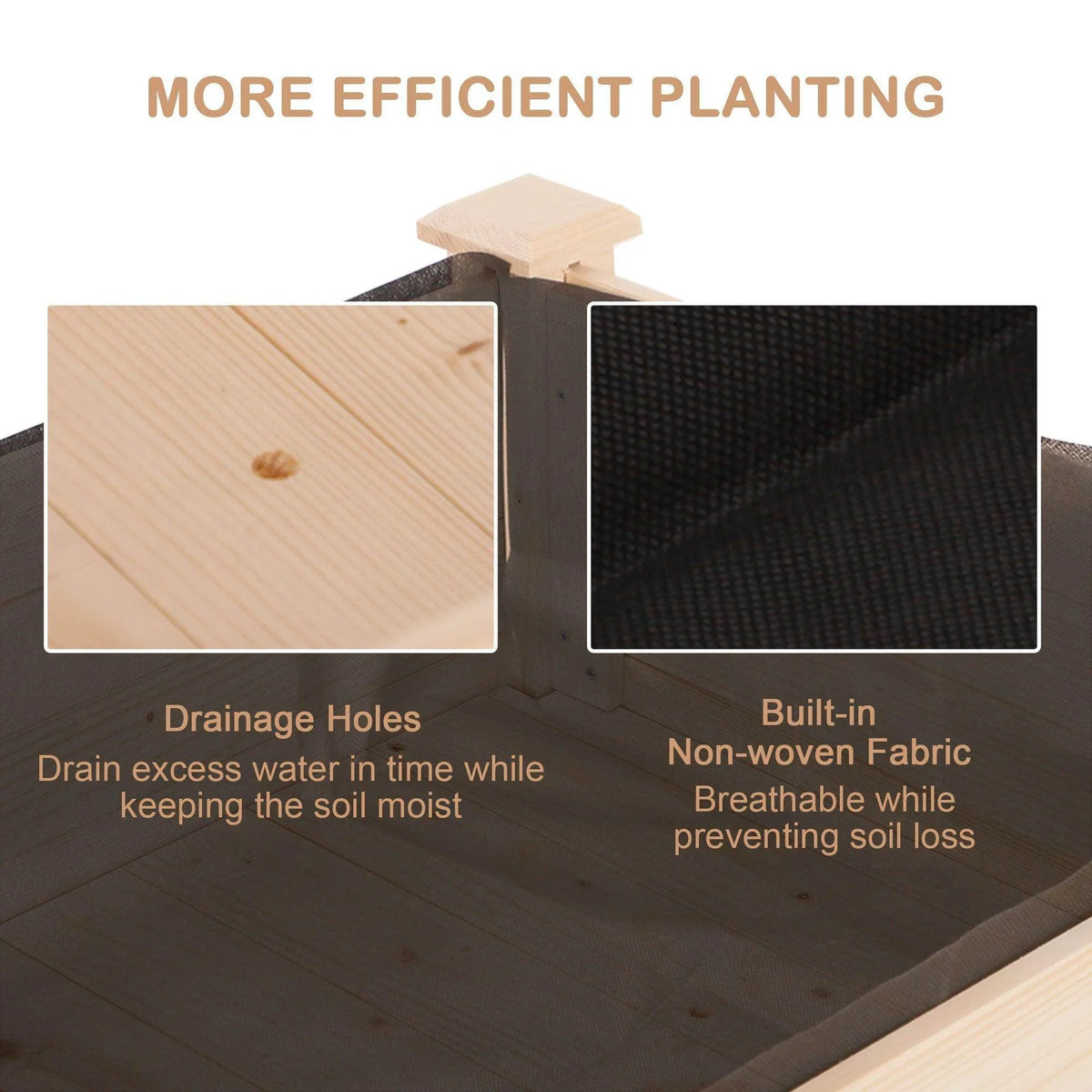 Elevated wooden planter insert showing drainage holes and non-woven fabric lining