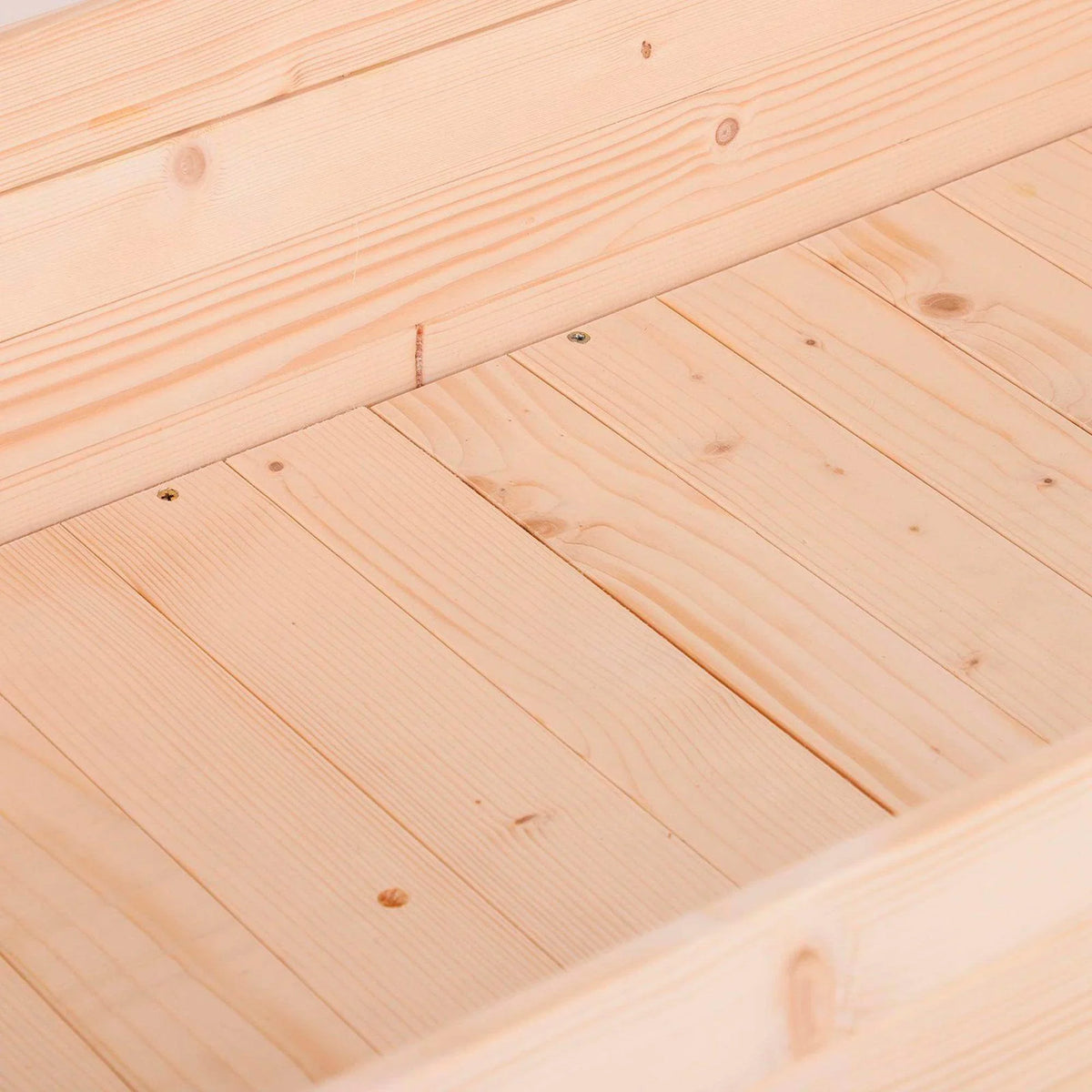 Light wood elevated planter top interior with slatted boards and smooth finish