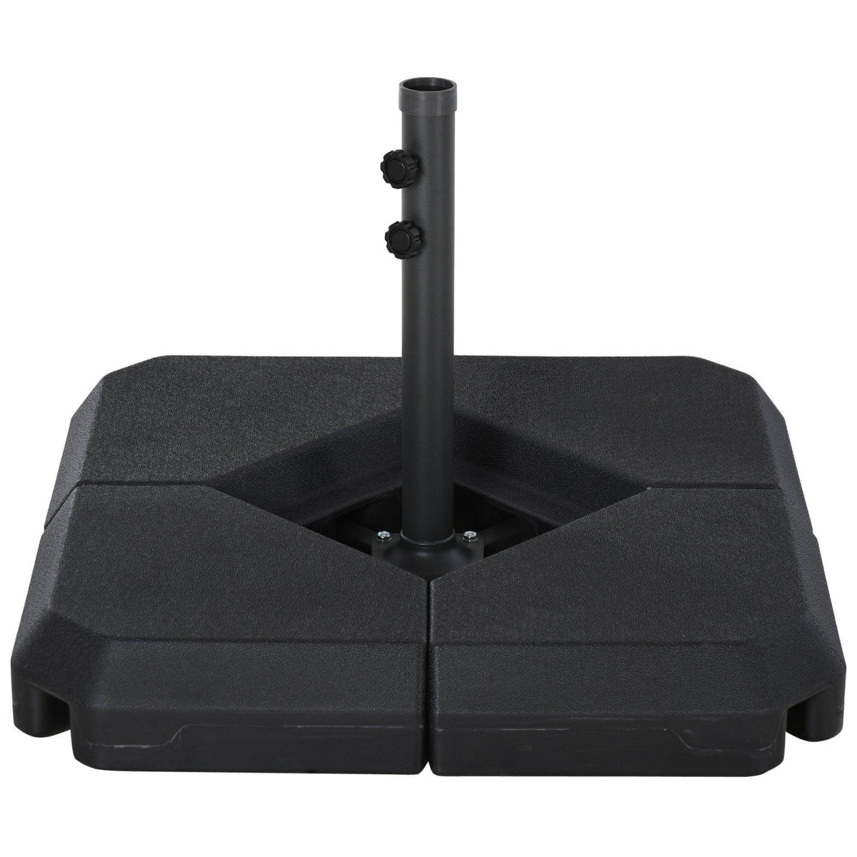Black fillable umbrella base with central tube pole and interlocking weight blocks