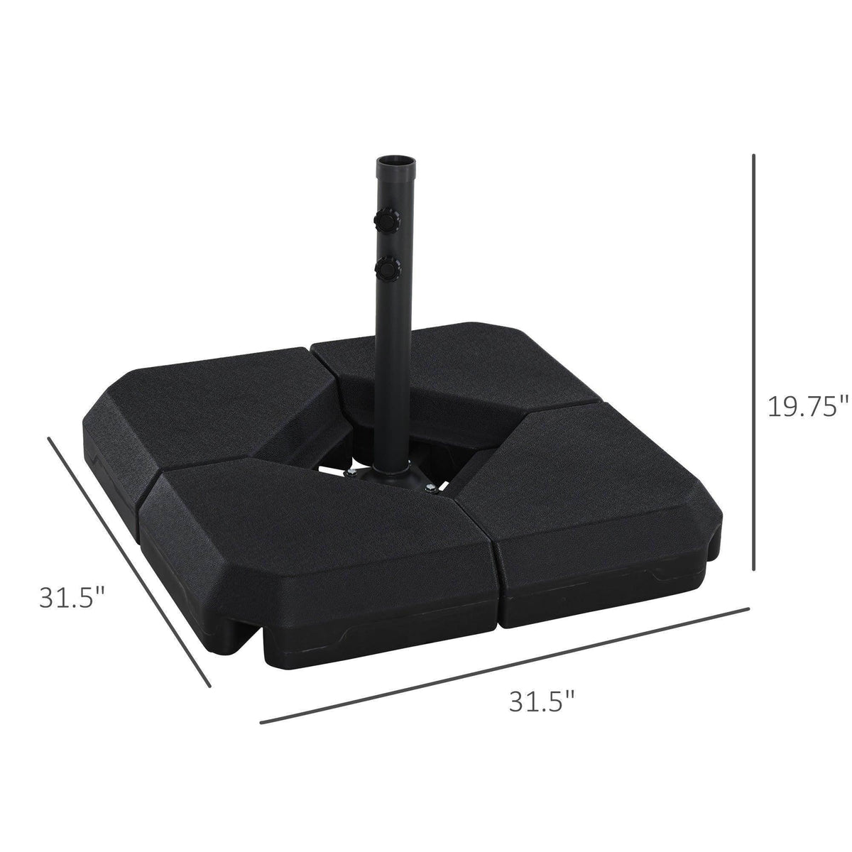 Black umbrella base with steel pole holder and four-piece HDPE weight design
