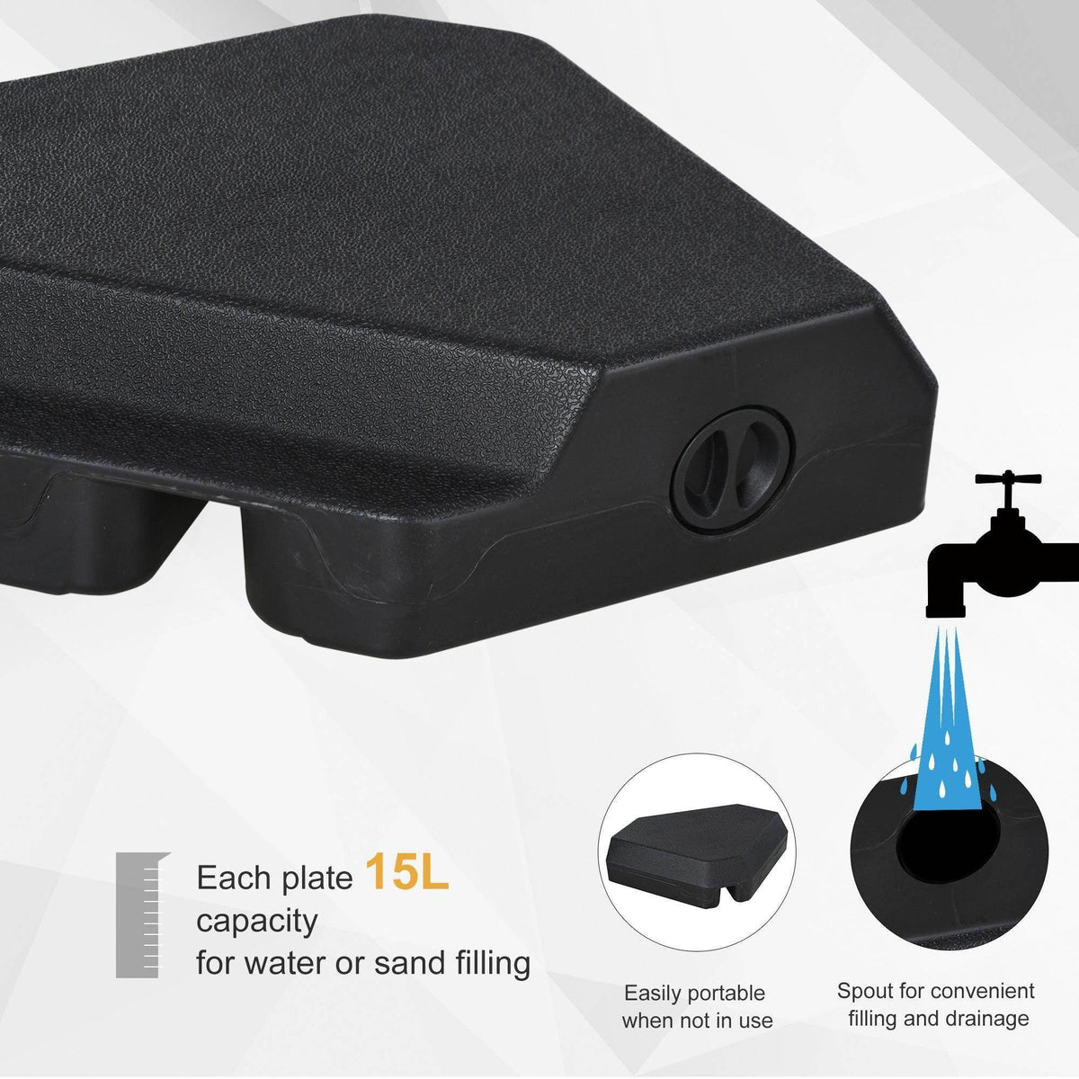 Black textured weight cover with circular emblem on a fillable umbrella base