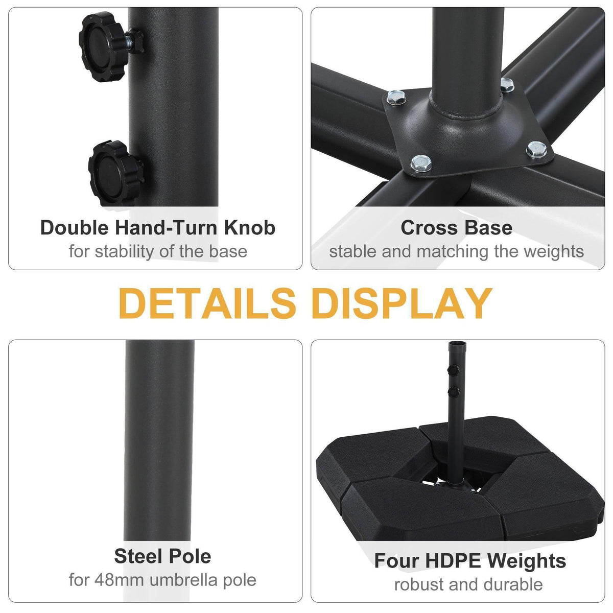 Umbrella base details: double hand-turn knobs, cross base brace, and steel pole