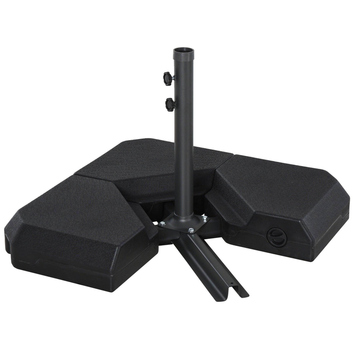 Black fillable umbrella base with central pole, adjustable knobs, and folding support feet
