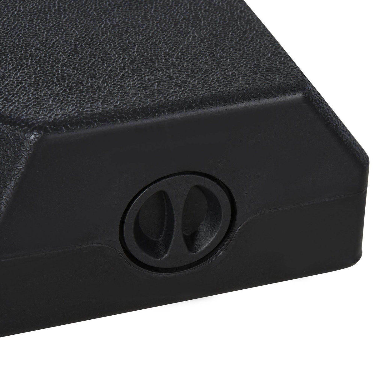 Black umbrella base weight block with oval grip emblem on the side cover