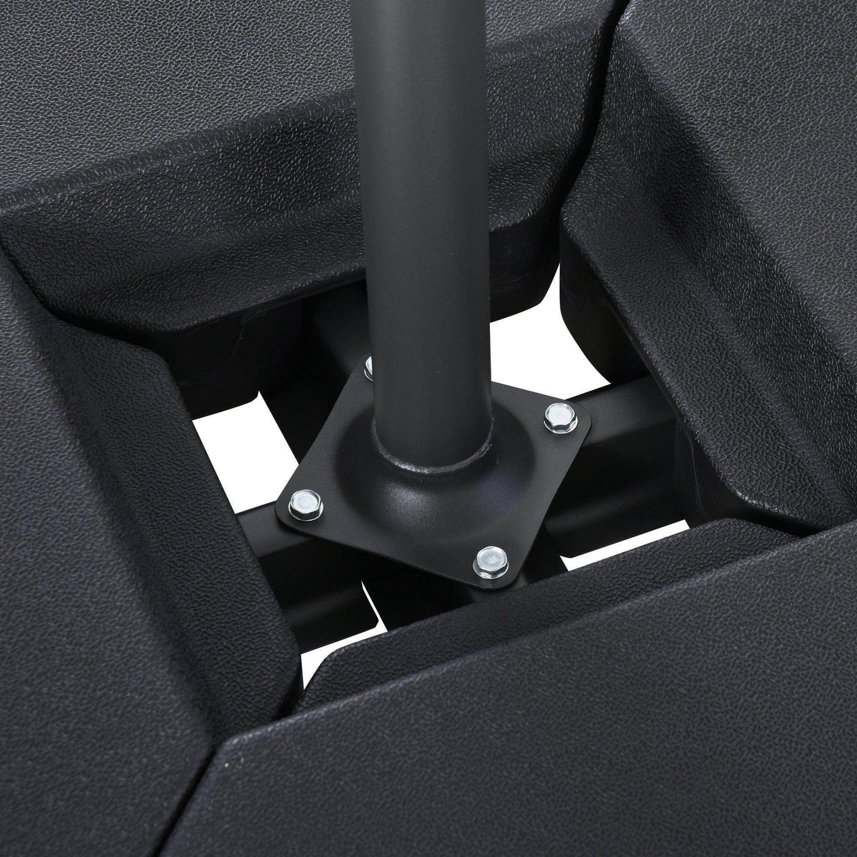Black pole mount inside umbrella base with steel plate and securing bolts