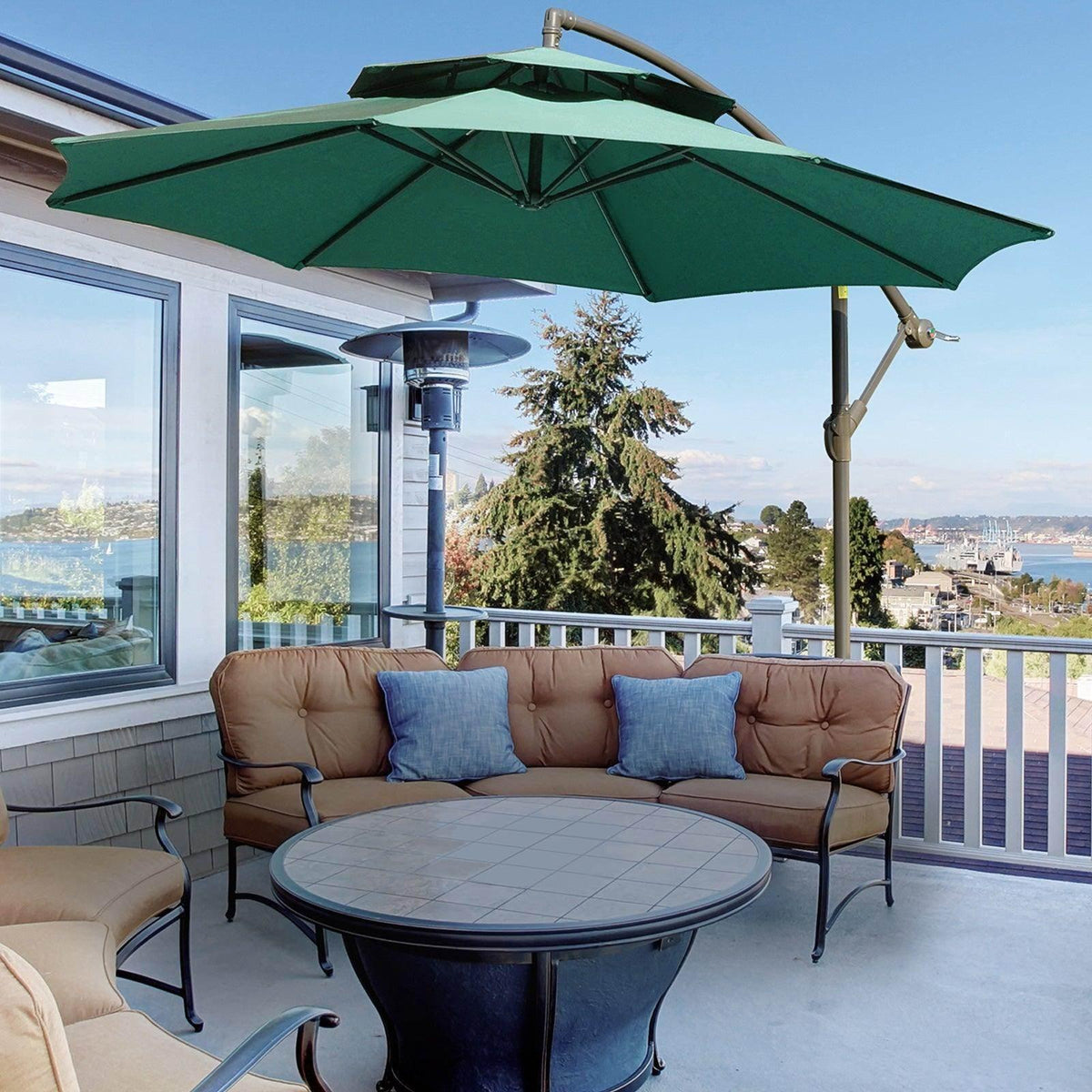 Green cantilever patio umbrella with open canopy and fabric cross braces