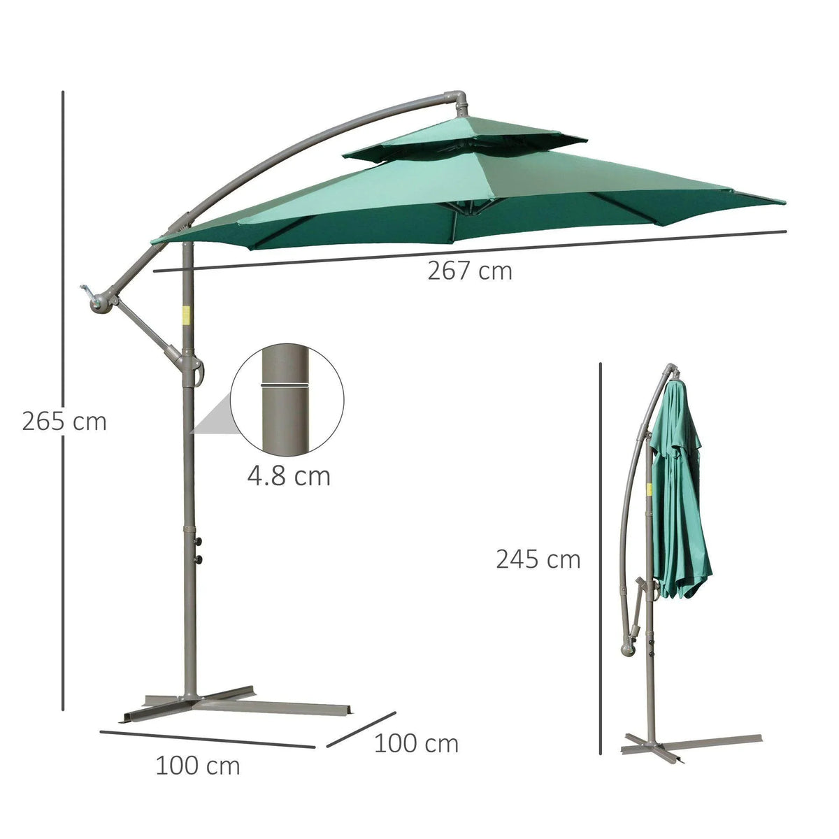 Green cantilever umbrella with metal pole and open canopy, size diagram view