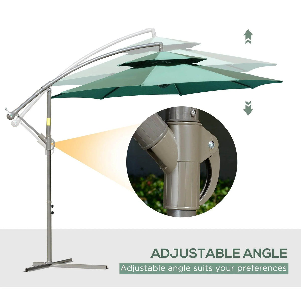 Green cantilever umbrella canopy with adjustable angle bracket and metal pole