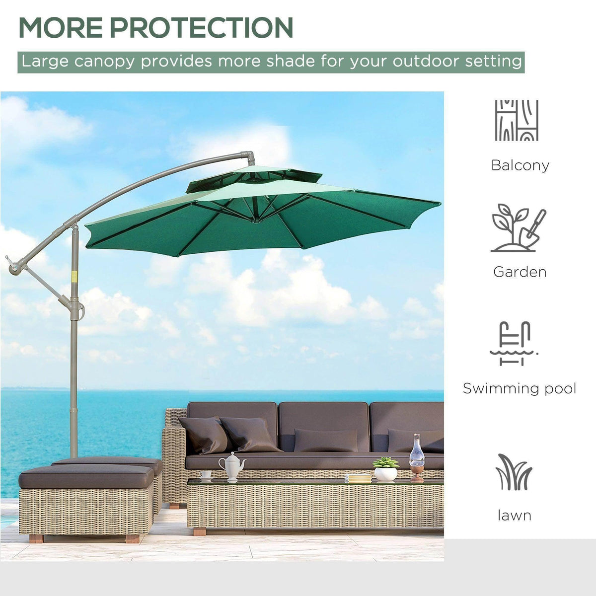 Green cantilever umbrella with large open canopy providing shade