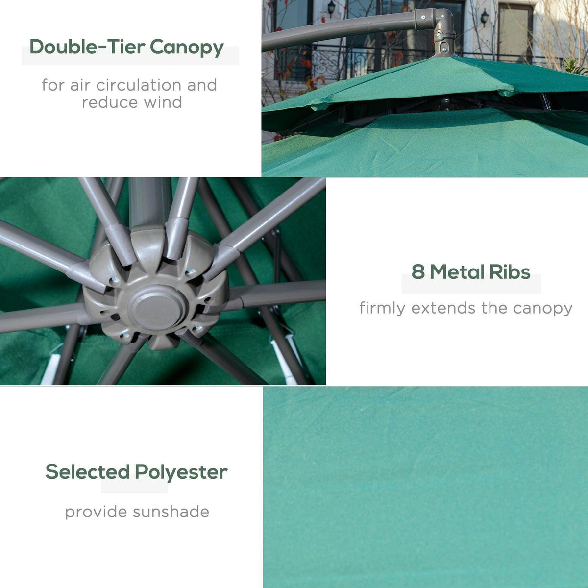 Green cantilever umbrella with double-tier canopy and metal rib frame