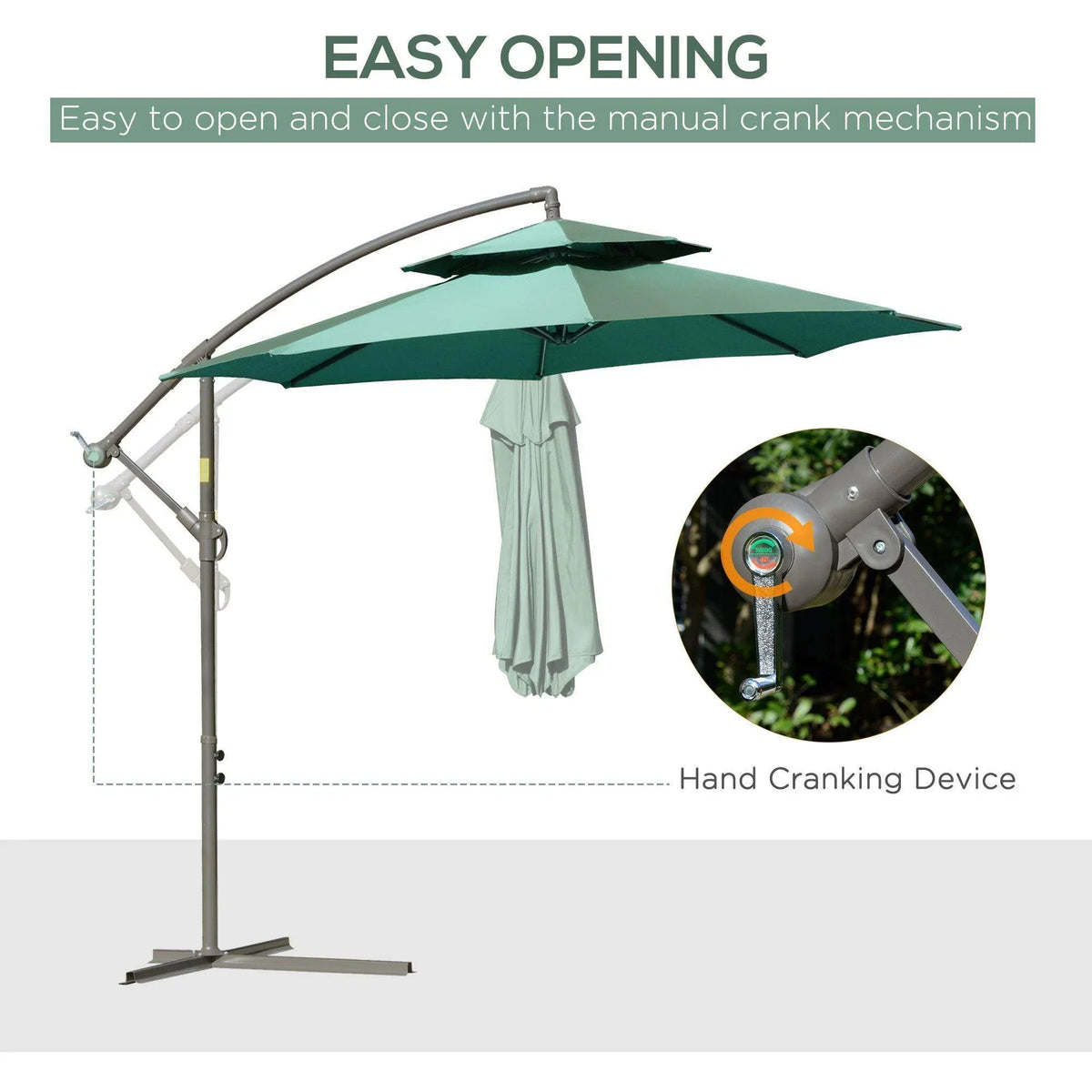 Green cantilever umbrella with hand crank opening mechanism and hanging fabric