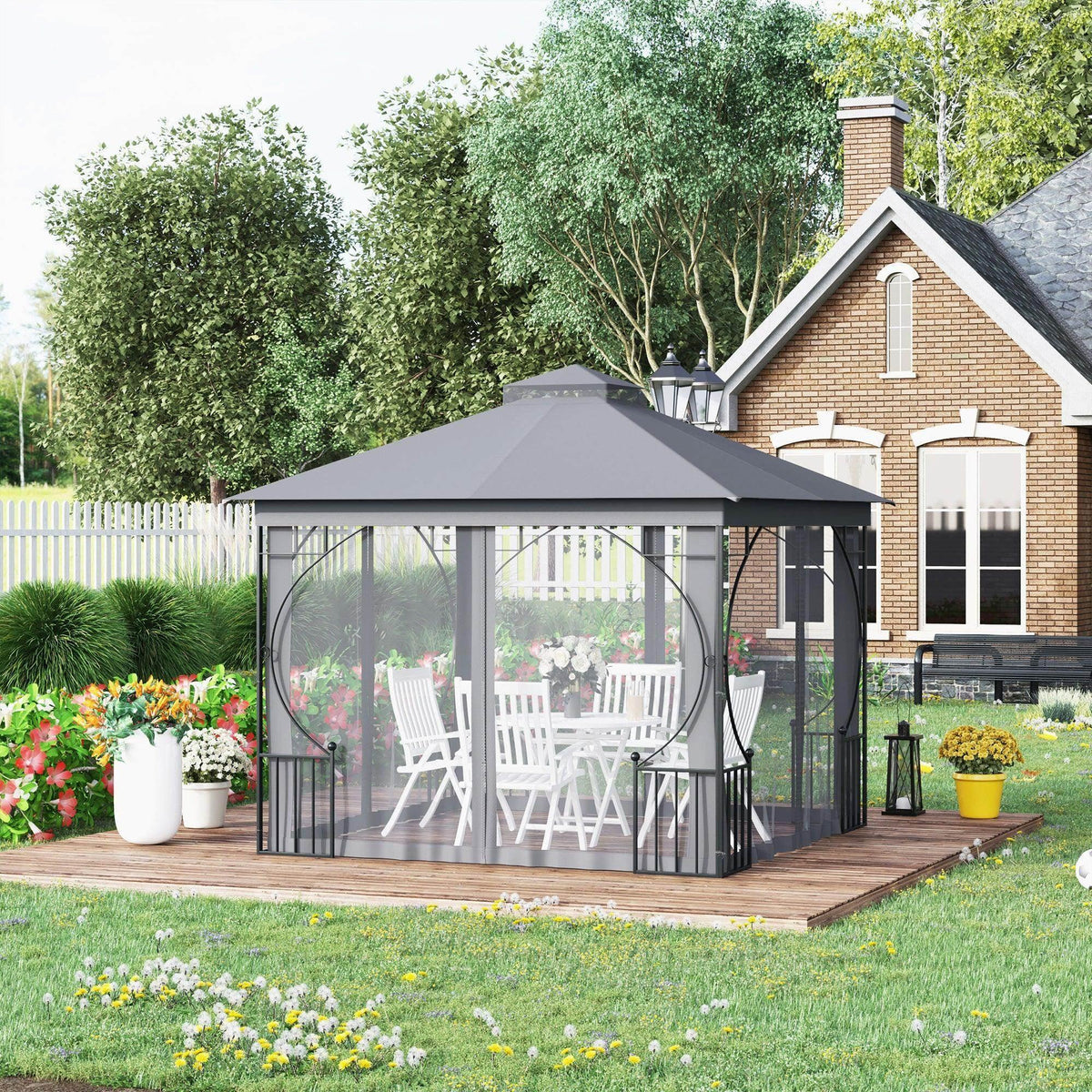 Outdoor gazebo shade shelter with gray canopy and translucent mesh side curtains, steel frame