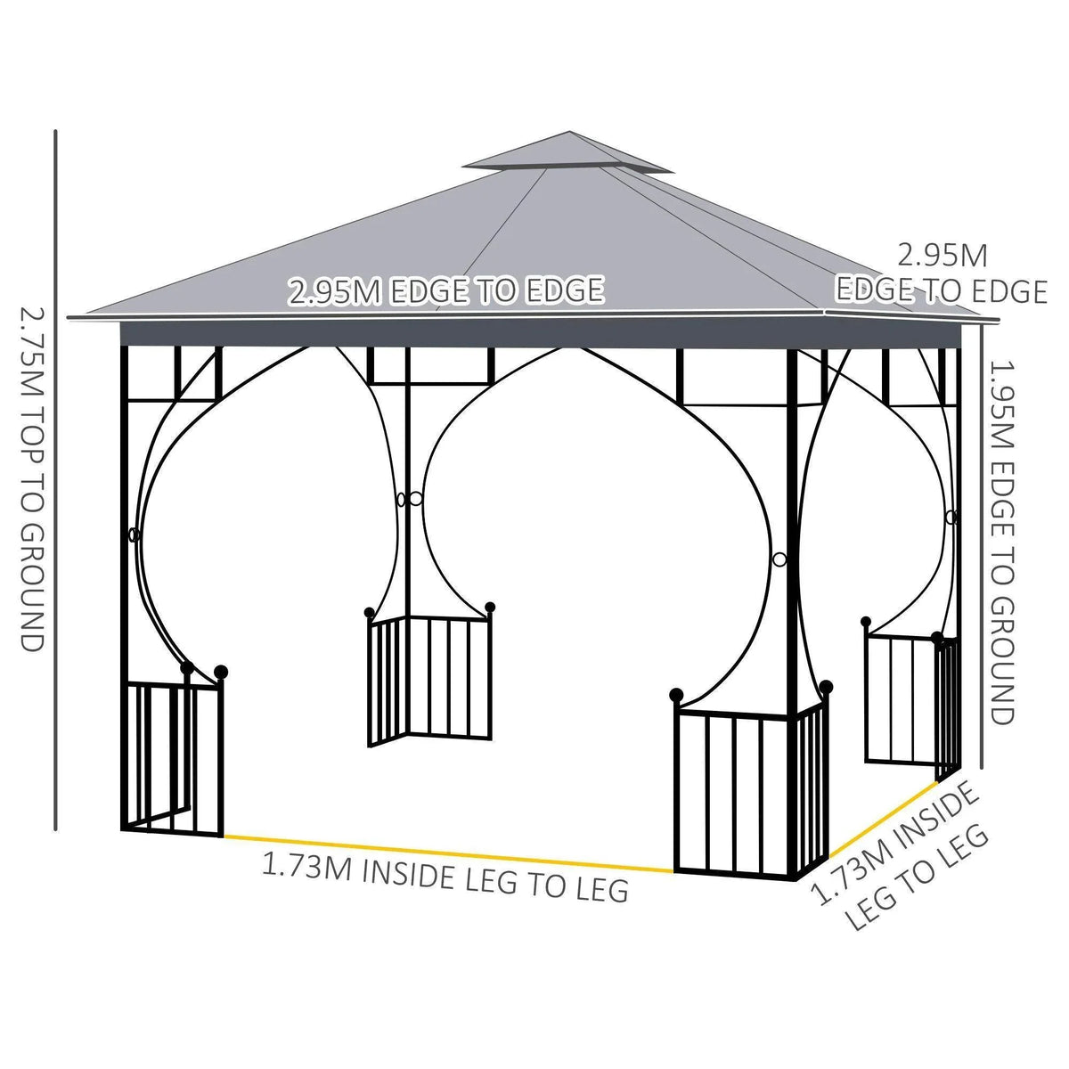 Gazebo layout diagram showing edge-to-edge and leg-to-leg measurements
