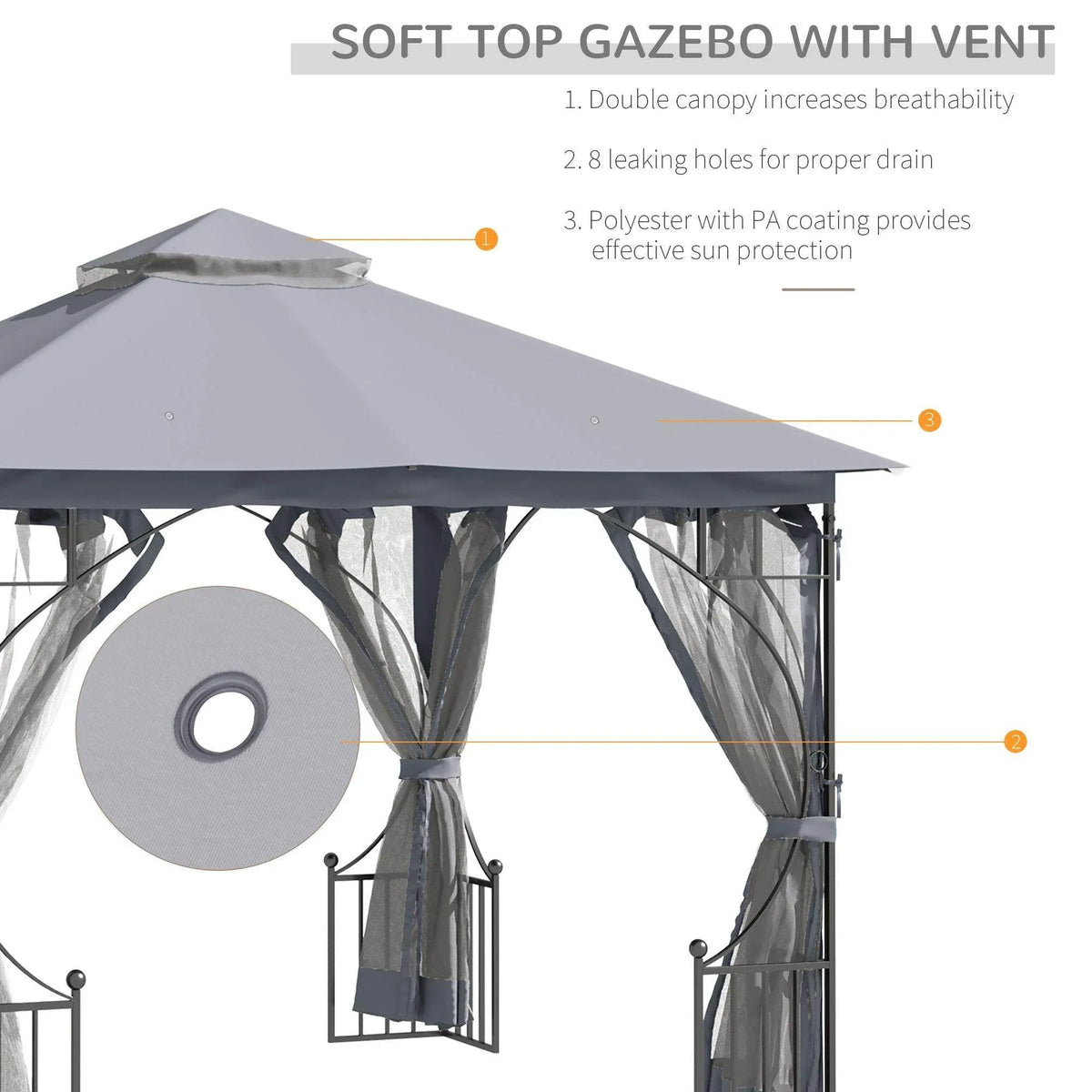Soft top gazebo with vented double canopy and hanging mesh curtains