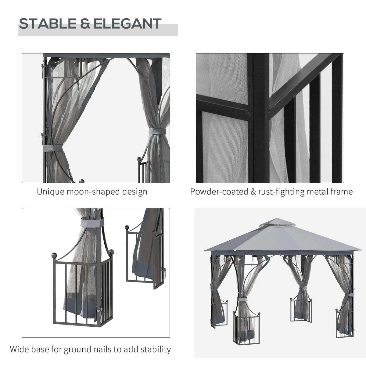 Gazebo with moon-shaped curtain openings and powder-coated black metal frame