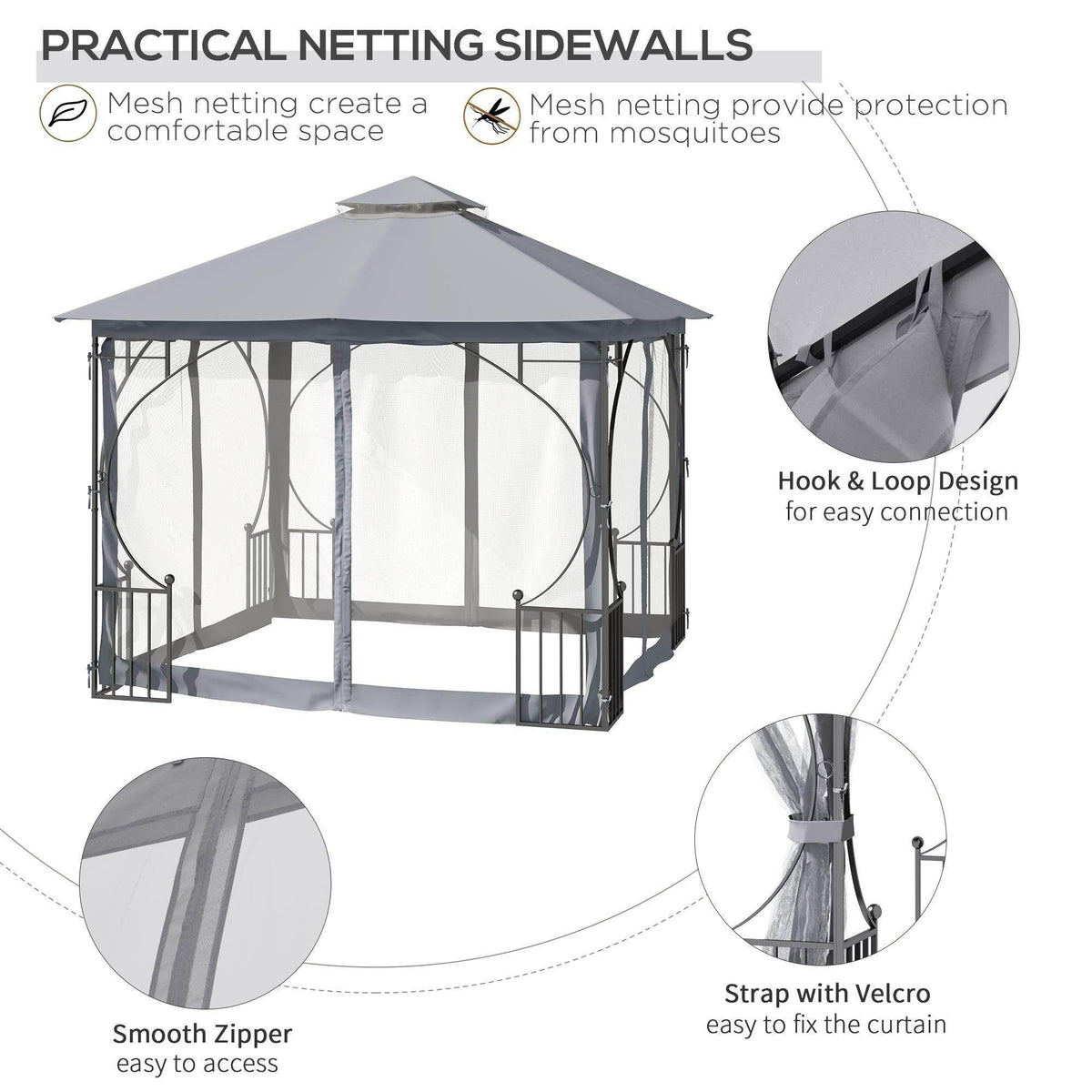 Gazebo side netting panels with zippered doors and hook-and-loop curtain straps