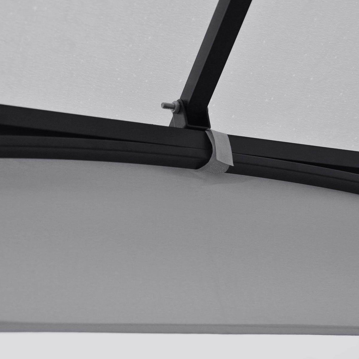 Gazebo canopy corner bracket with adjustable support on dark steel frame