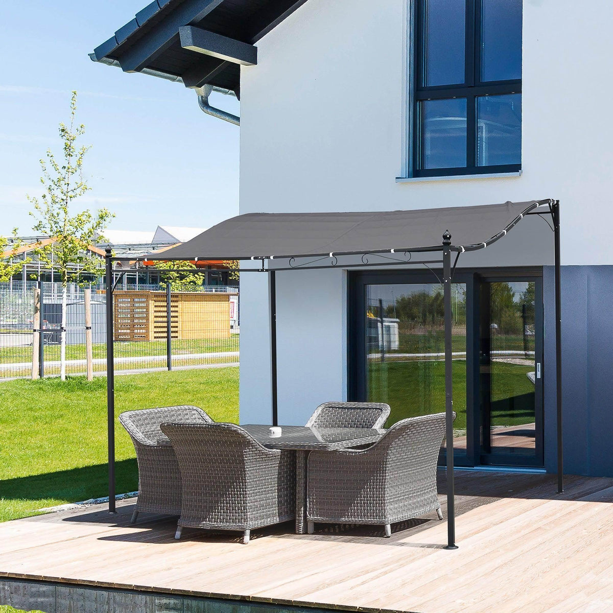 3x3 m metal gazebo awning with dark gray canopy and side support poles