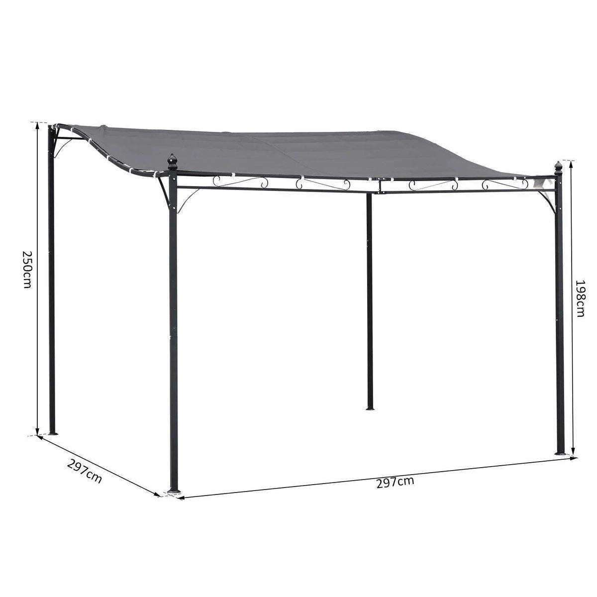 3x3 m gazebo awning frame with dark gray canopy roof and four vertical legs