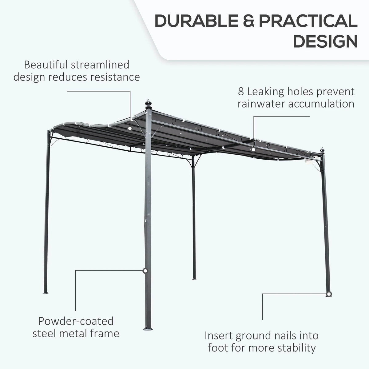 Metal gazebo awning with dark gray canopy roof and powder-coated frame bars