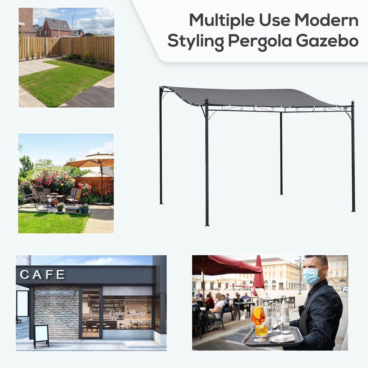 Gazebo awning with dark gray canopy roof and four post frame