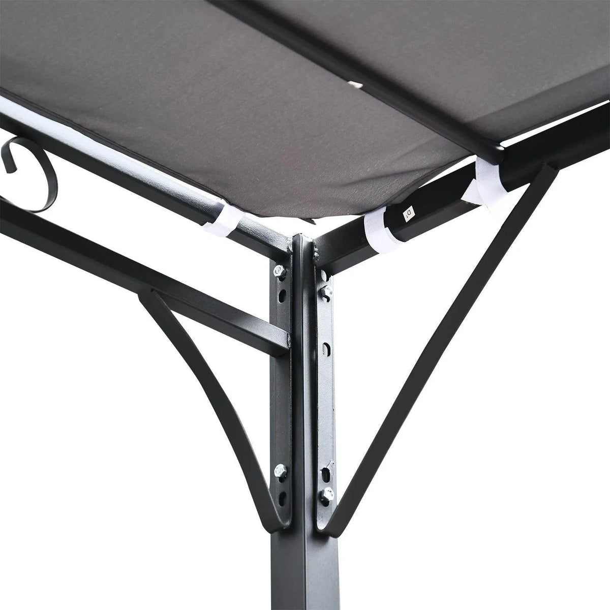 Gazebo awning corner joint with dark gray canopy and black steel support legs