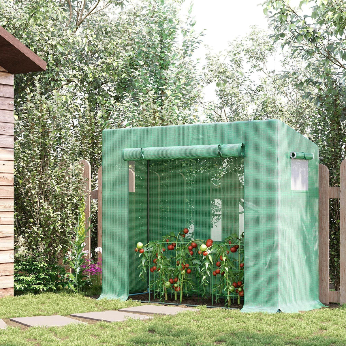 Green PE mesh greenhouse tent with roll-up front opening and planted tomatoes inside