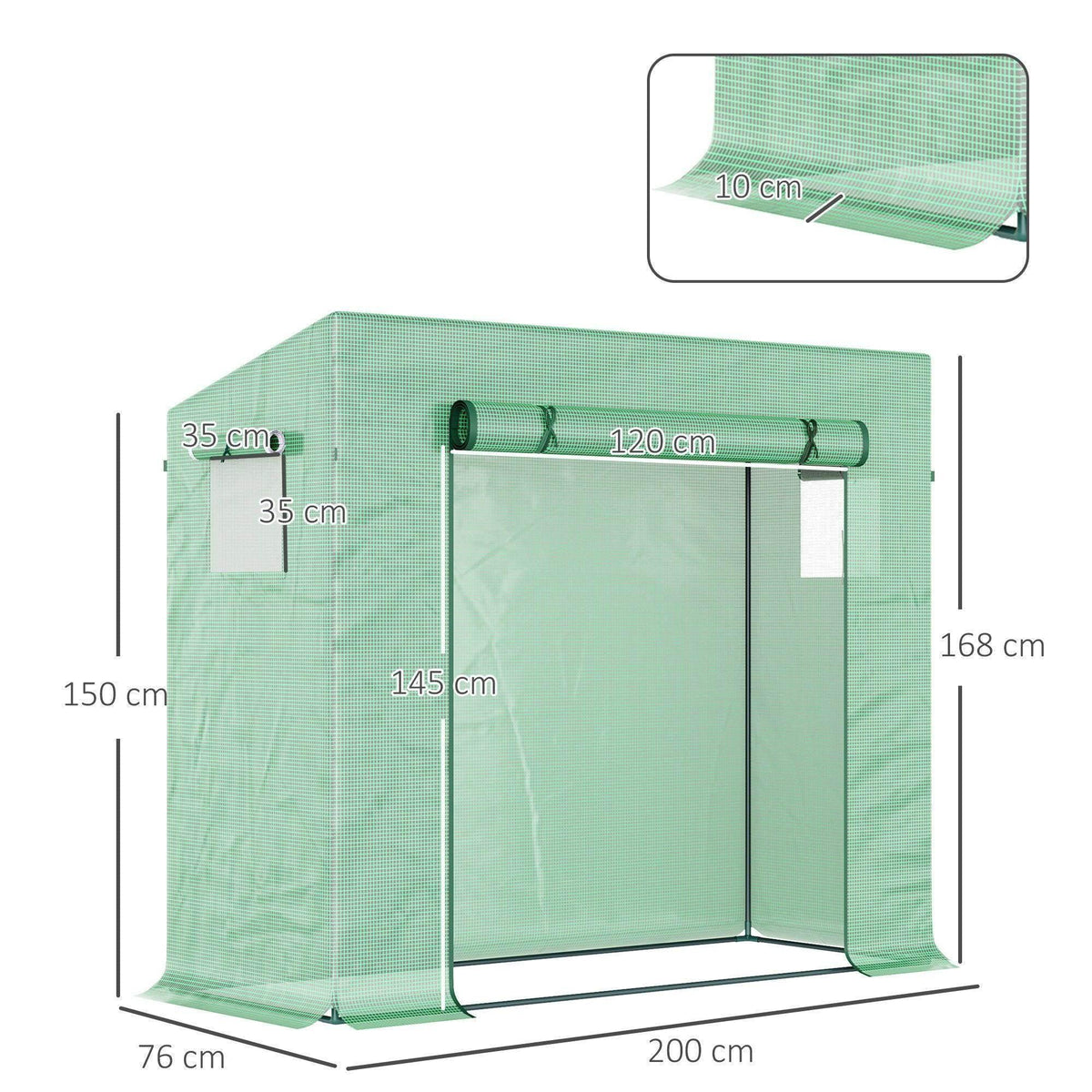 Green greenhouse tent with PE cover and mesh panels, showing size diagram measurements