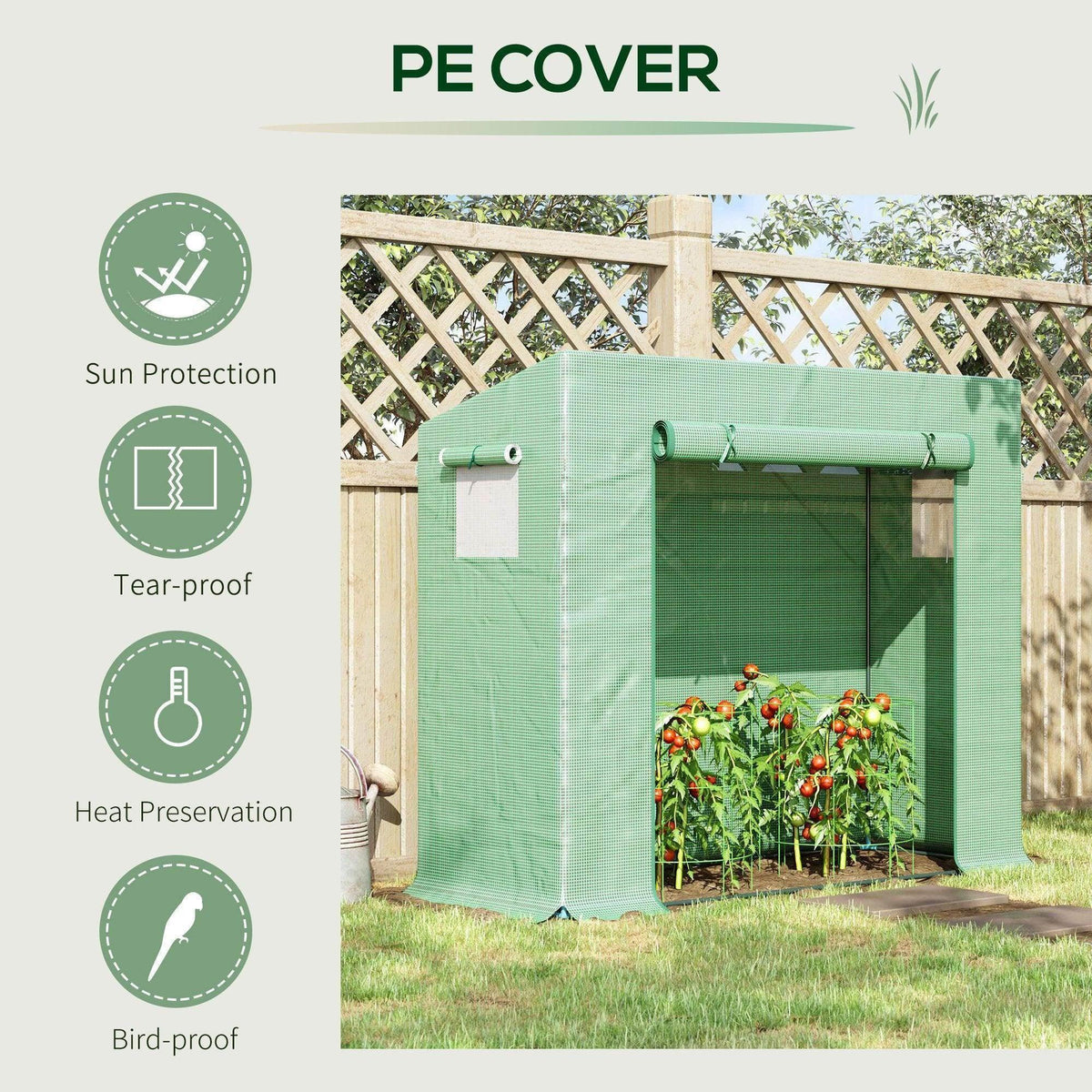 Green PE cover greenhouse with framed front opening and roll-up sides